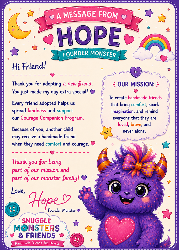 A message from Hope, Founder Monster — the letter that goes home with every adoption